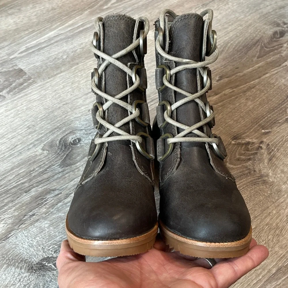 Sorel Cate Lace Dark Brown Leather Waterproof Block Heel Ankle Boots NL3715-245